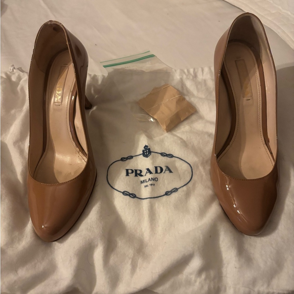 Prada Patent Leather Pumps in Nude Brown come with Replacement Heel Tips & bag